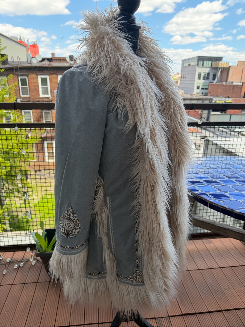 Spell Light Gray Teddy Jacket with Cream Faux-Fur Trim & Floral Embroidery - Picture 2 of 3